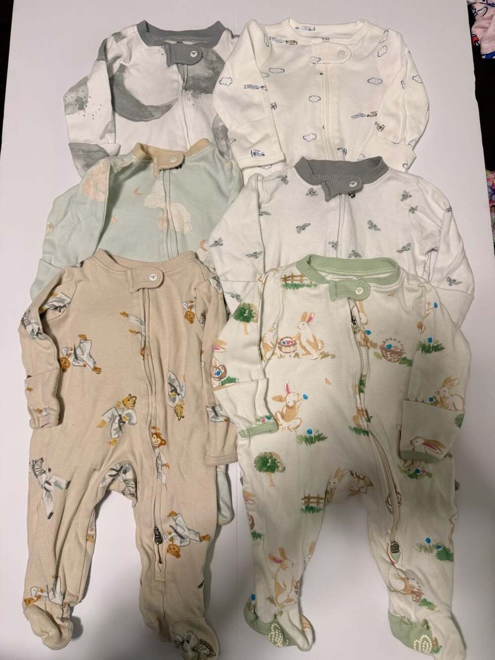 Lot of 6 Infant Baby Cotton Zipper Footie Sleepers Various Prints
